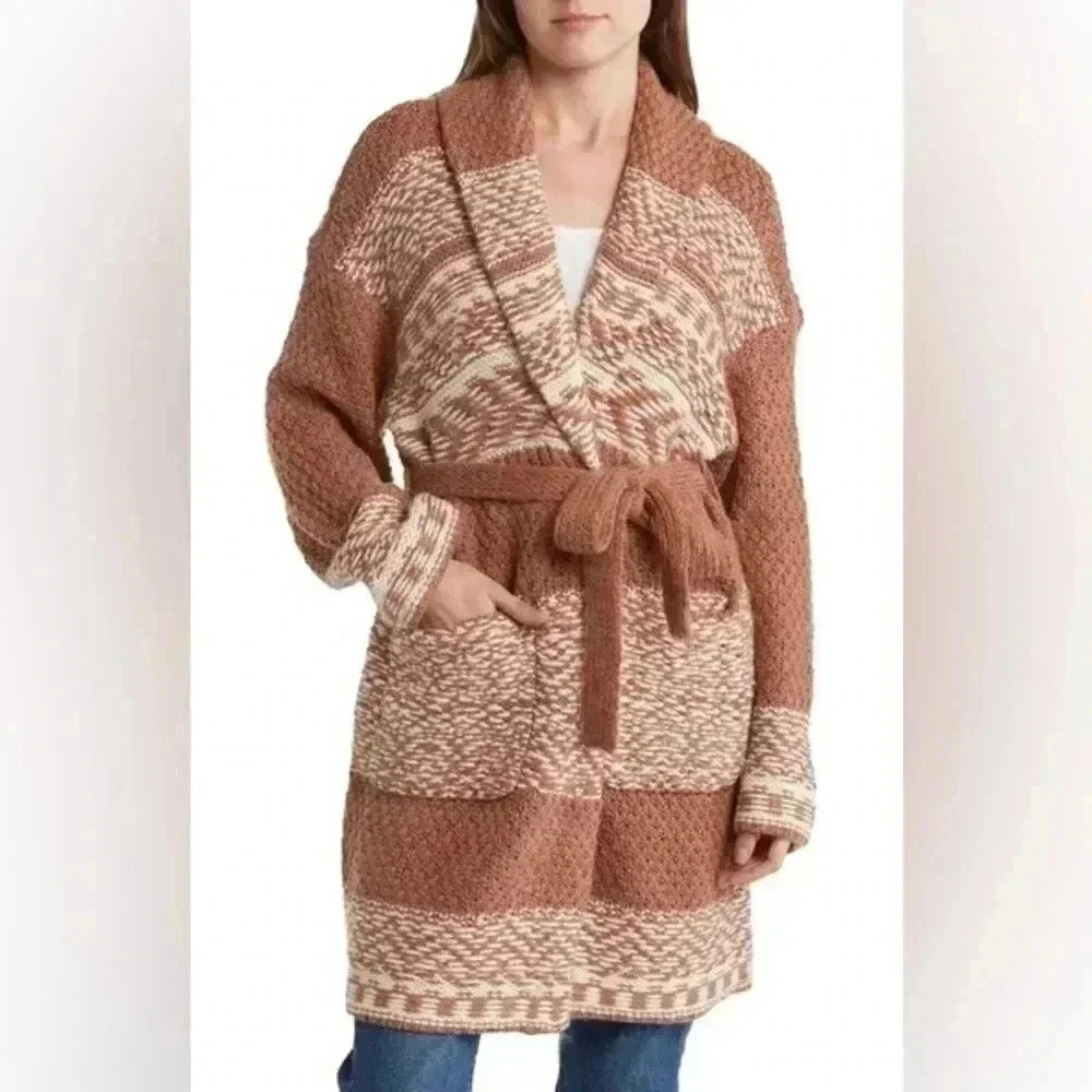 Lucky Brand Women's Fairsle Sweater Coatigan, Caramel Cafe Sz M